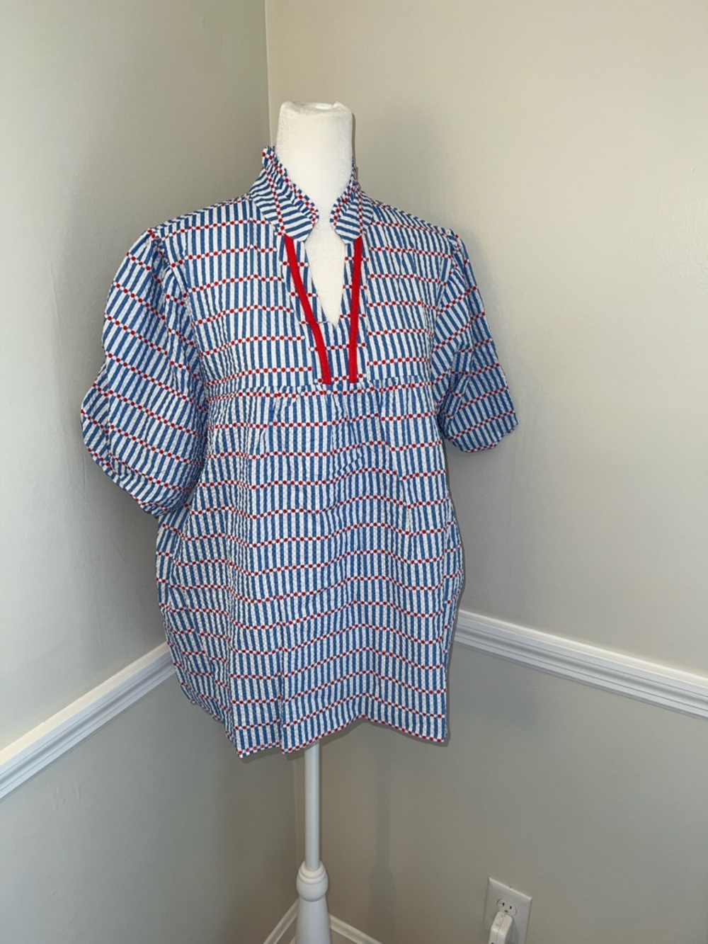 Women's Blue and White Patterned Popover Blouse with Red Trim